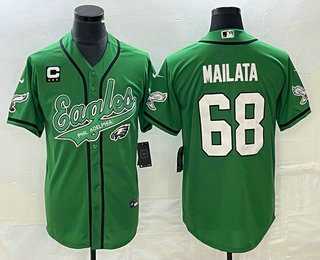 Mens Philadelphia Eagles #68 Jordan Mailata Green C Patch Cool Base Stitched Baseball Jersey
